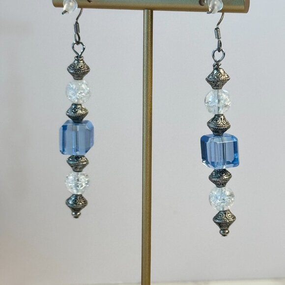 Blue Crystal & Clear Crackle Glass Beads Dangle Earrings - Picture 6 of 6